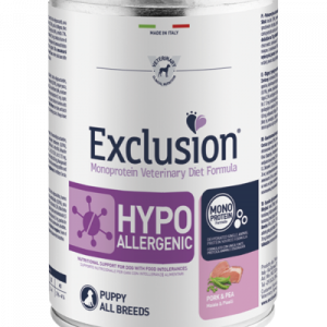 EXCLUSION DOG HYPO PUPPY MAIALE E PISELLI LATTINA 400 GR