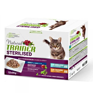 TRAINER NATURAL CAT MULTIPACK STERILIZED TACCHINO E MERLUZZO 12 BUSTINE 85 GR