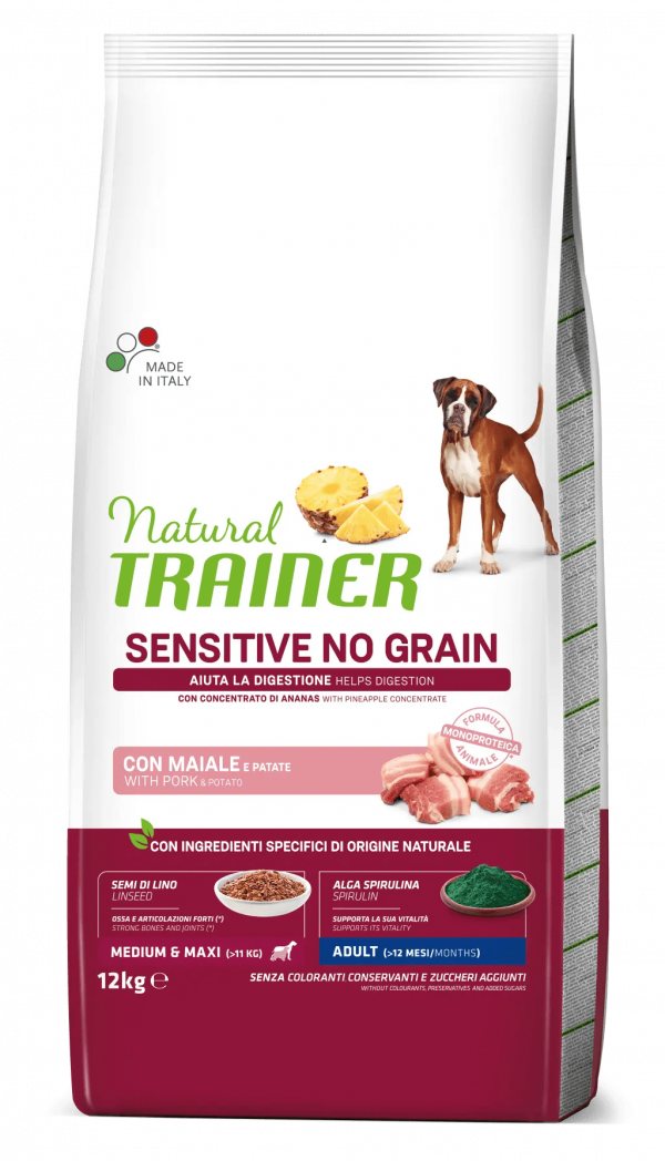 TRAINER NATURAL DOG SENSITIVE ADULT MEDIUM MAXI NO GRAIN MAIALE E PATATE 3 KG
