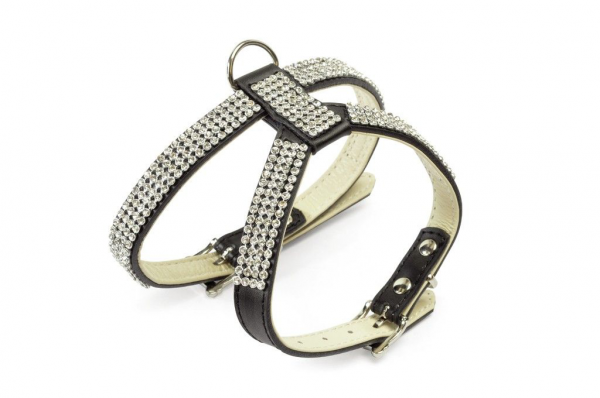 GUINZAGLIO IN PELLE CON STRASS NERO 15X1200