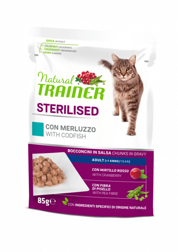 TRAINER NATURAL CAT STERILIZED MERLUZZO BUSTINA 85 GR